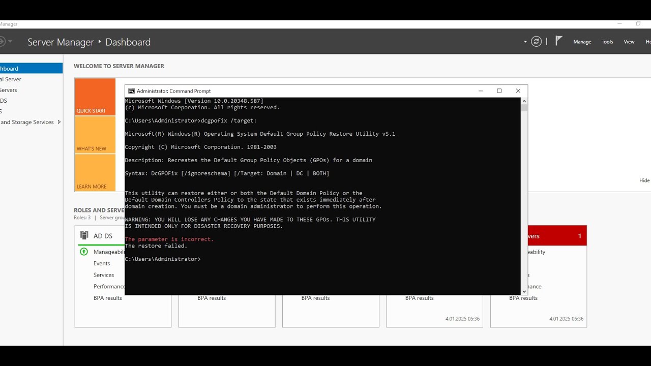 Windows Server'da DCGPOFIX Komutunun Kullanımı